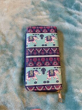 Elephant Pattern Zip Around Wallet in Turquoise and Navy